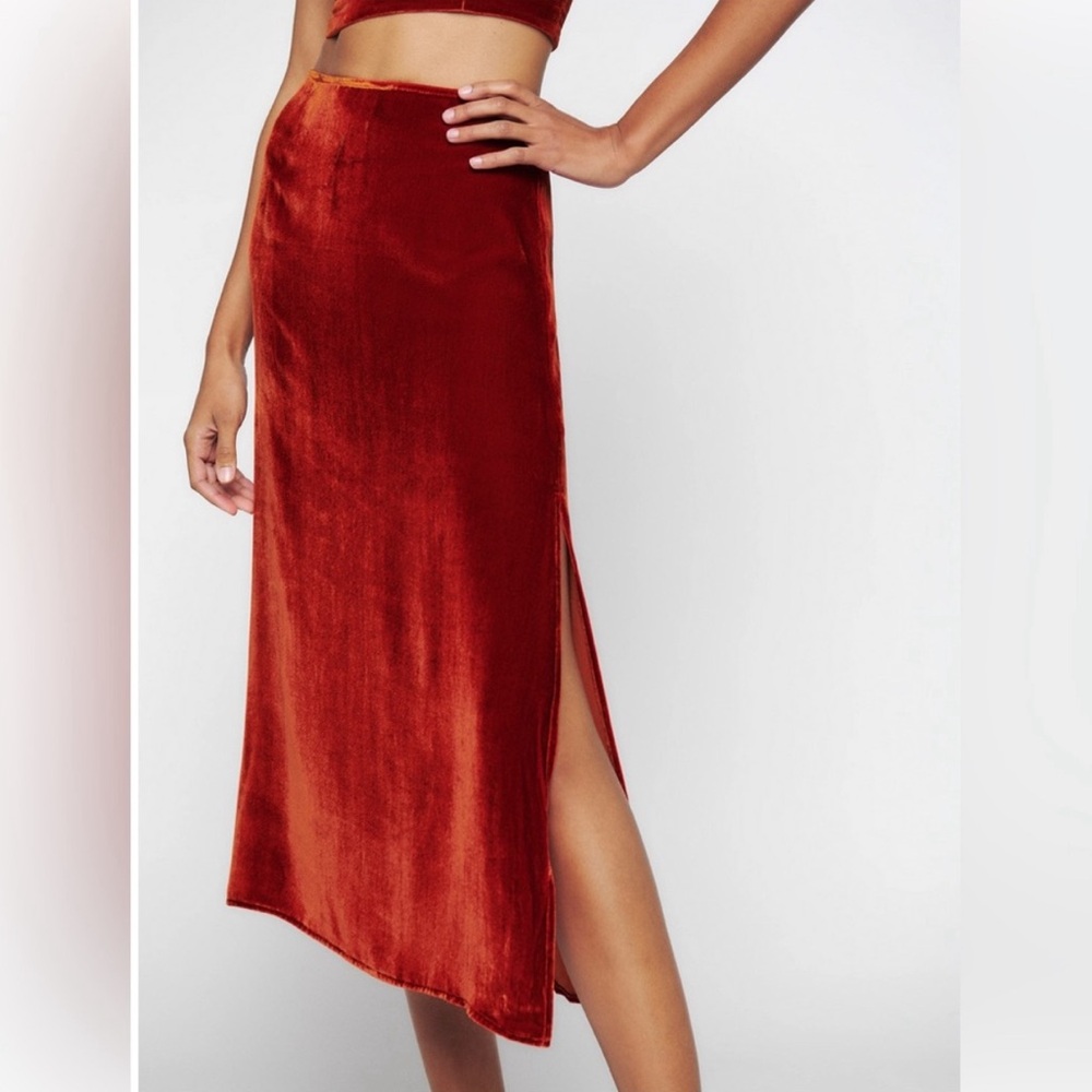Reformation Copper Velvet Midi Skirt with Side Slit